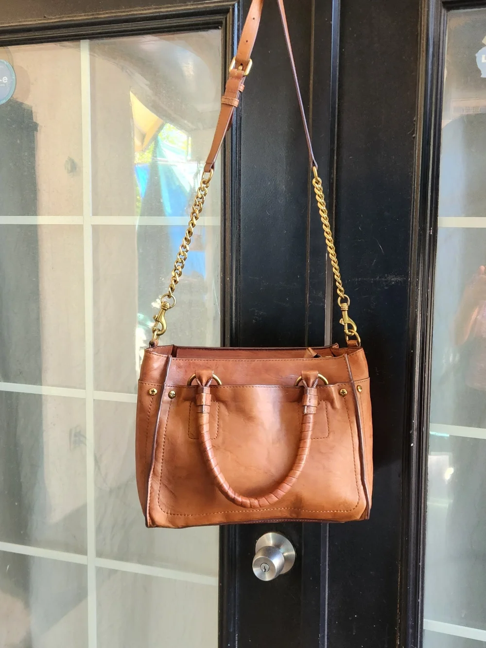 Frye Classic Brown Leather Tote Bag with Chain Strap